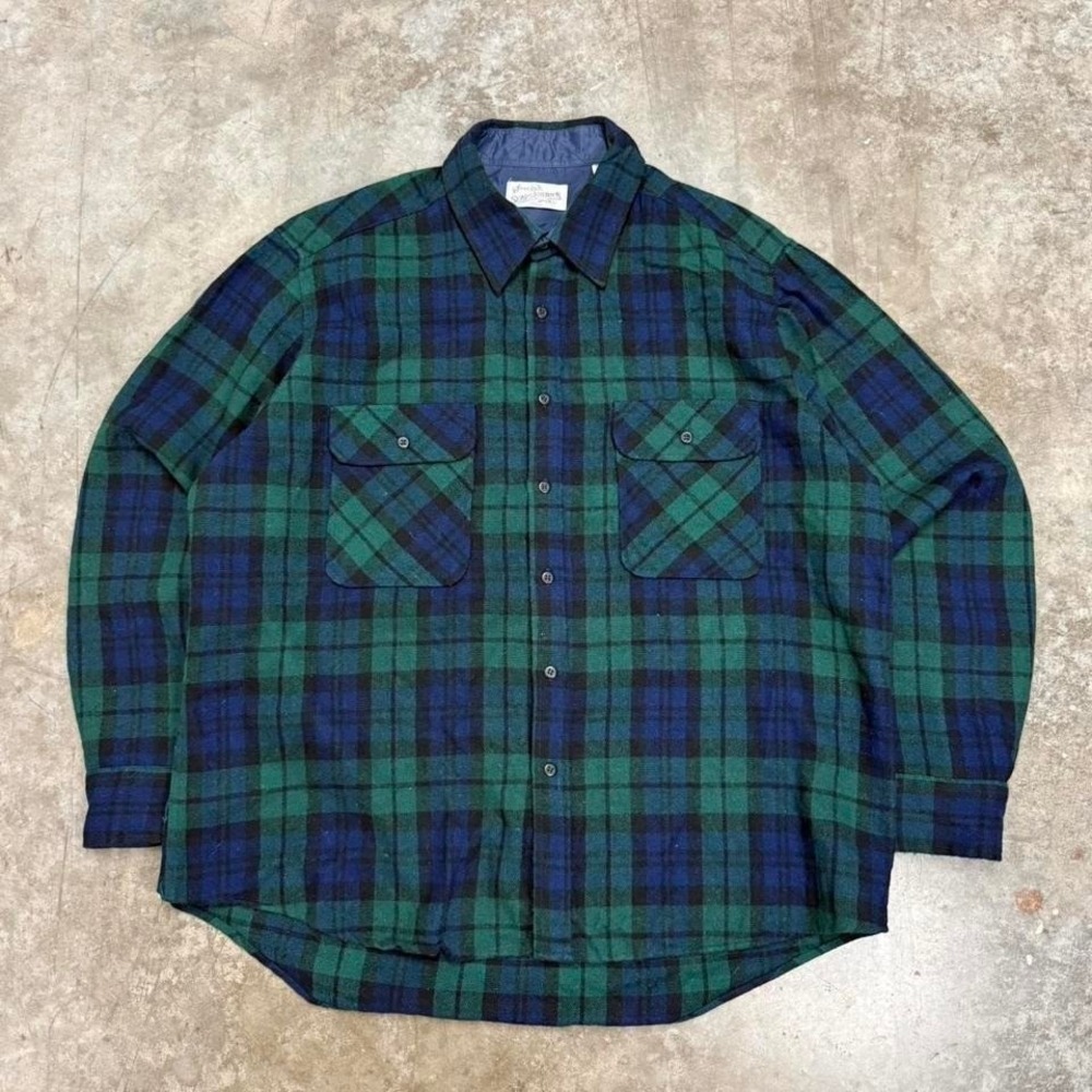 Vintage 80s Sears Roebuck Green & Blue Plaid Wool Blend Flannel Size XL